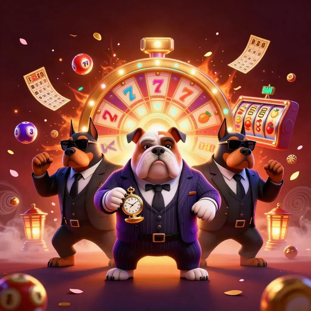 Bulldog boss and two Dobermans amid casino lights, lottery balls, reels, tickets, and jackpot glow.
