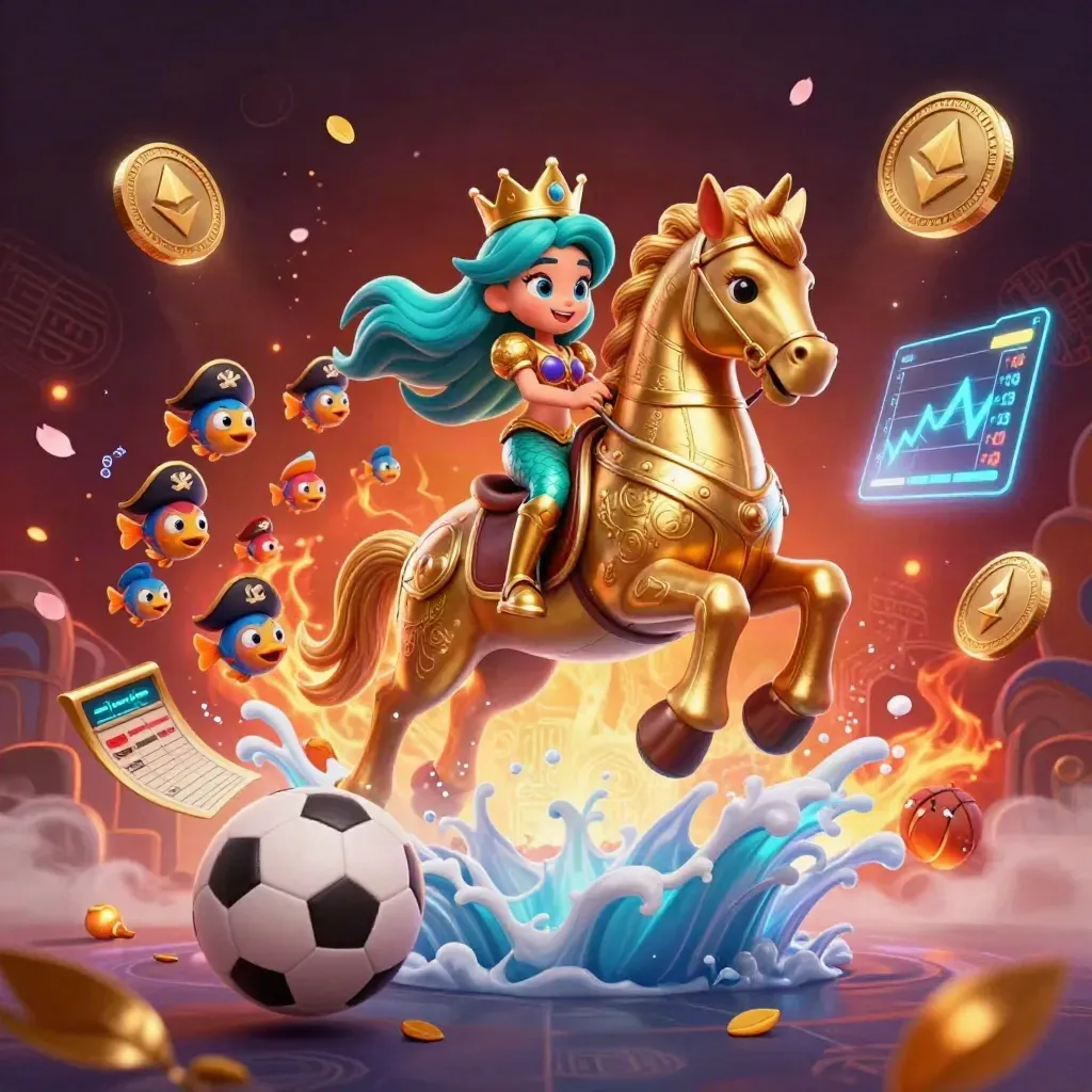 Mermaid princess on a golden seahorse amid coins, fish, and neon market energy.