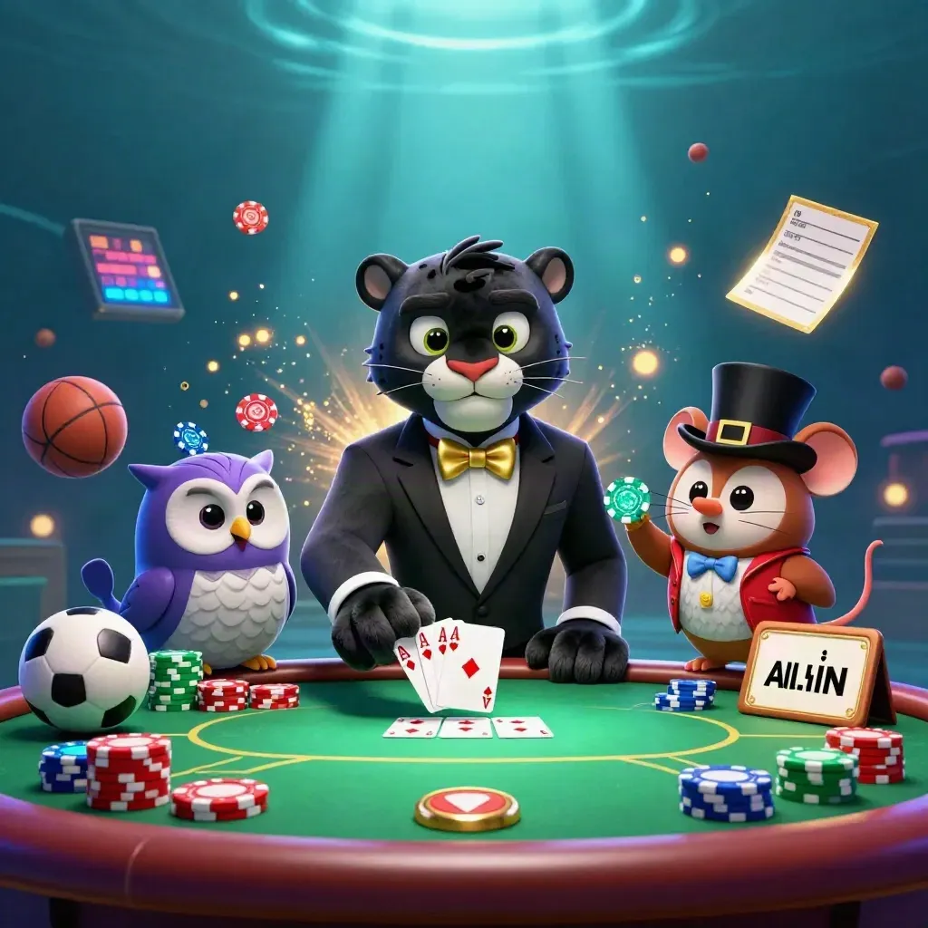 Panther, owl, and mouse amid chips, cards, soccer ball, and basketball in neon stadium haze.