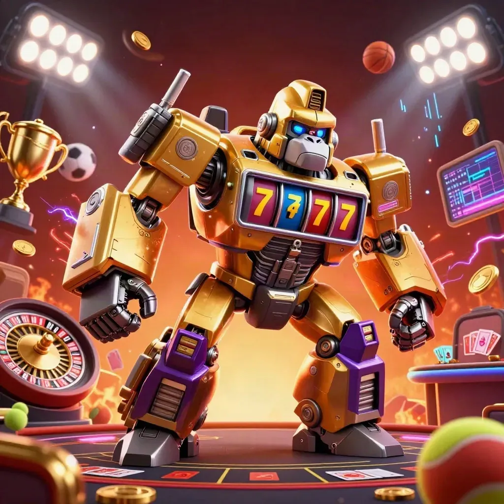 Golden gorilla mech with monkey pilot amid sports balls, coins, trophy, roulette wheel, and cinematic casino glow