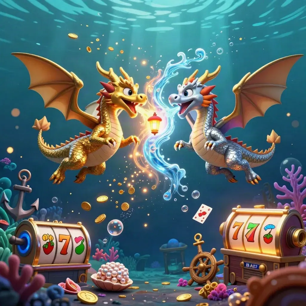 Gold and silver dragons spiral underwater around treasure, cards, coral, and glowing slot icons.