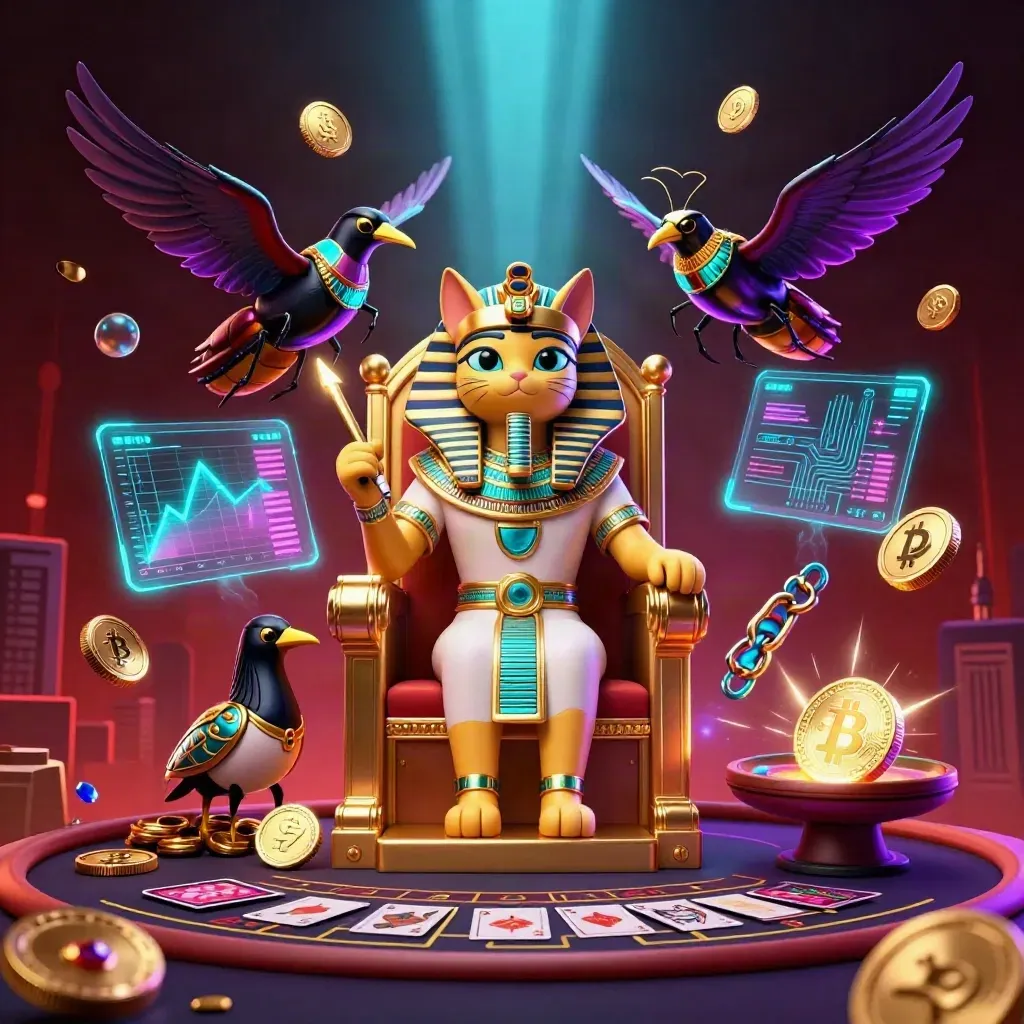 Pharaoh cat, ibis scribe and gem-wing scarabs amid neon crypto casino props and glowing roulette.