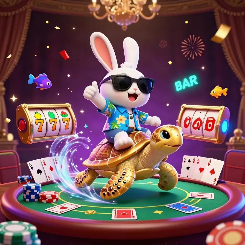 Rabbit in sunglasses rides a jeweled sea turtle amid chips, cards, confetti and neon casino glow.