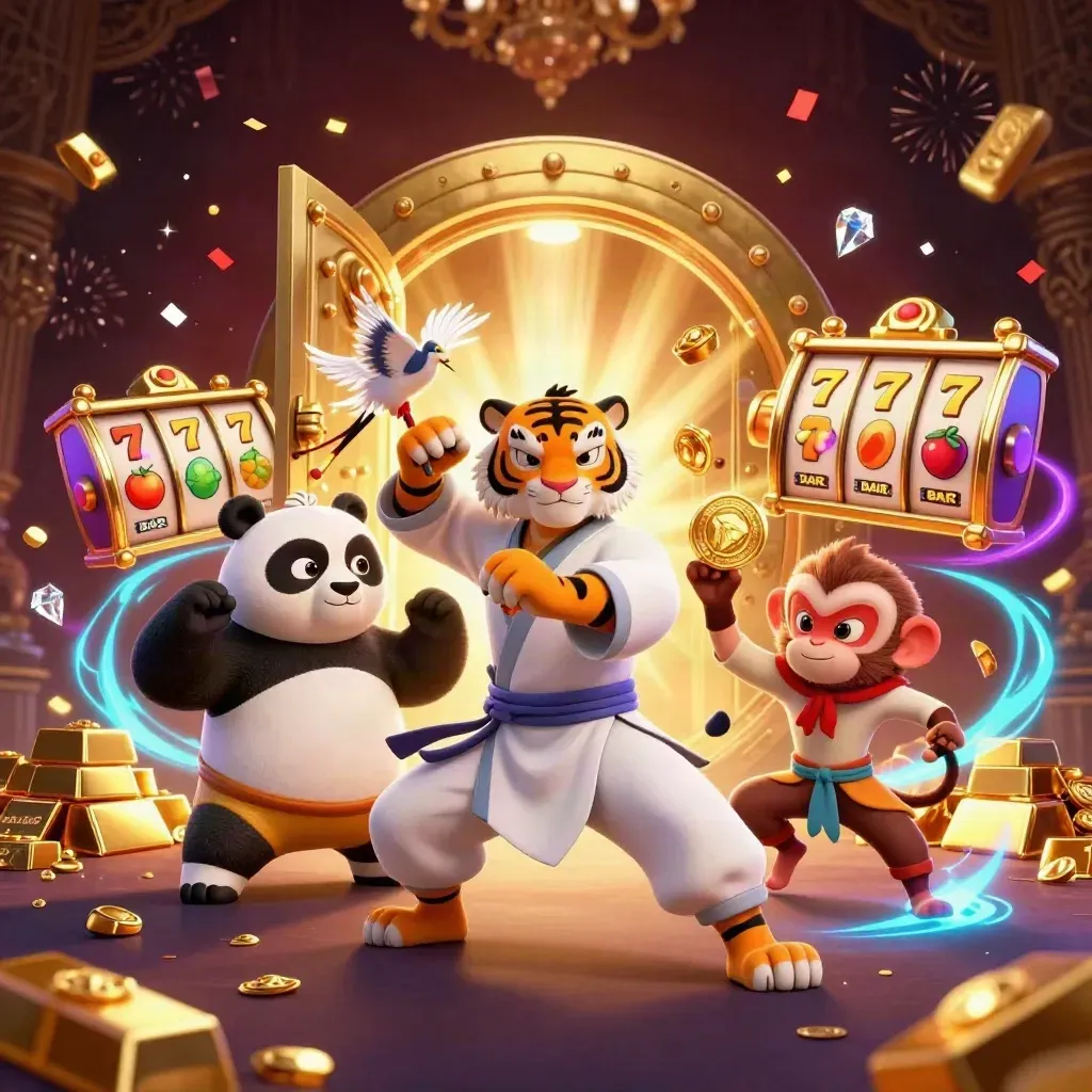 Tiger, panda, and monkey amid a vault of gold, gems, and neon casino magic