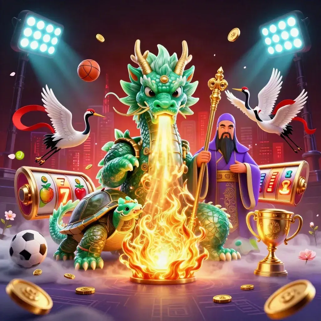 Emerald dragon, turtle sage, and cranes amid gold fire, coins, sports balls, and neon casino effects.