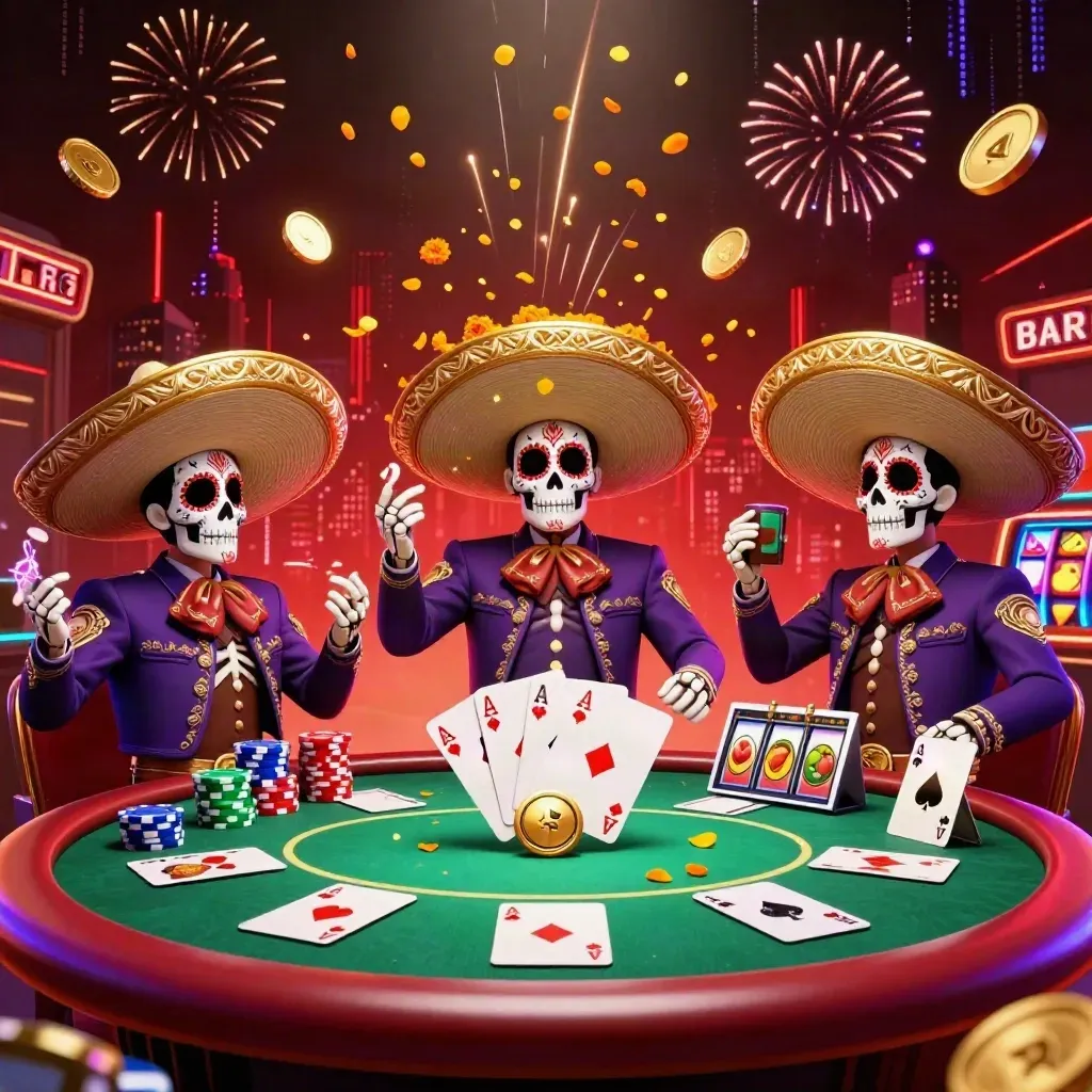 Skeleton mariachi trio amid exploding coins, chips, reels and fireworks in a neon casino scene.