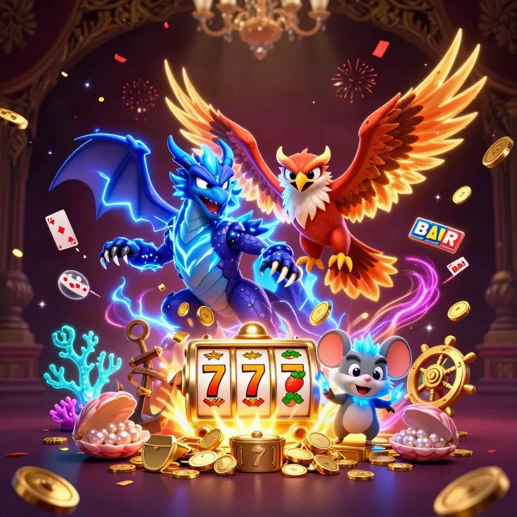 Thunder dragon, wind hawk, and static mouse amid coin bursts and casino fireworks.