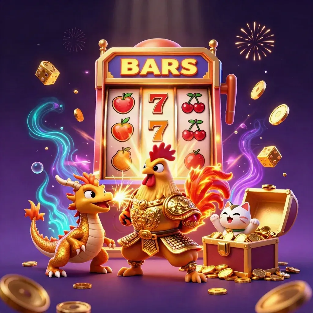 Rooster warrior, dragon hatchling, and fortune cat amid exploding slots, coins, and jackpot glow.