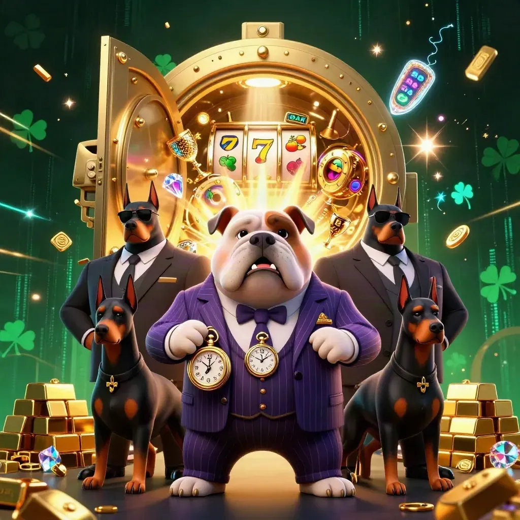 Bulldog boss with two Doberman guards amid a vault blast, gold, gems, and neon casino effects.