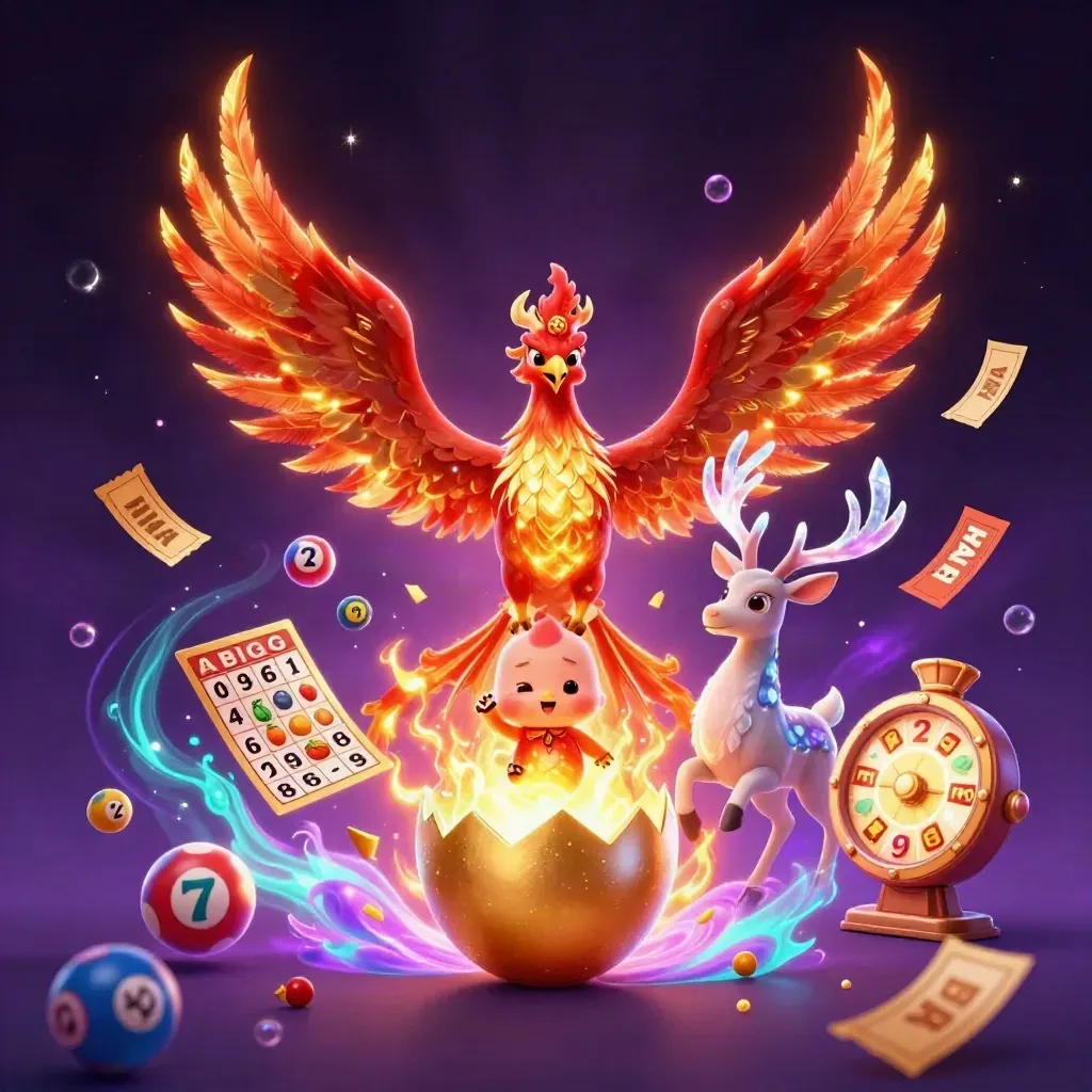 Phoenix, baby phoenix, and crystal stag burst through casino lights and slot symbols.