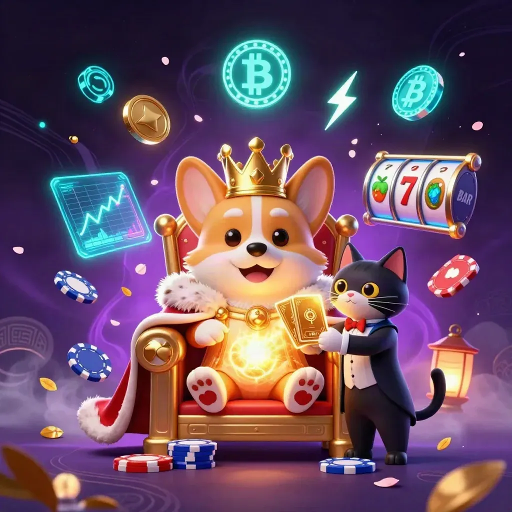 Royal corgi king and cat butler amid jackpot coins, slot reels, and neon casino magic.
