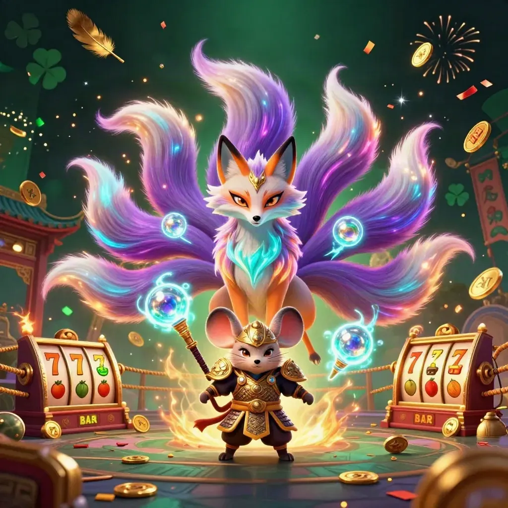 Neon fox spirit and samurai mouse amid gold coins, reels, sparks, and temple magic.
