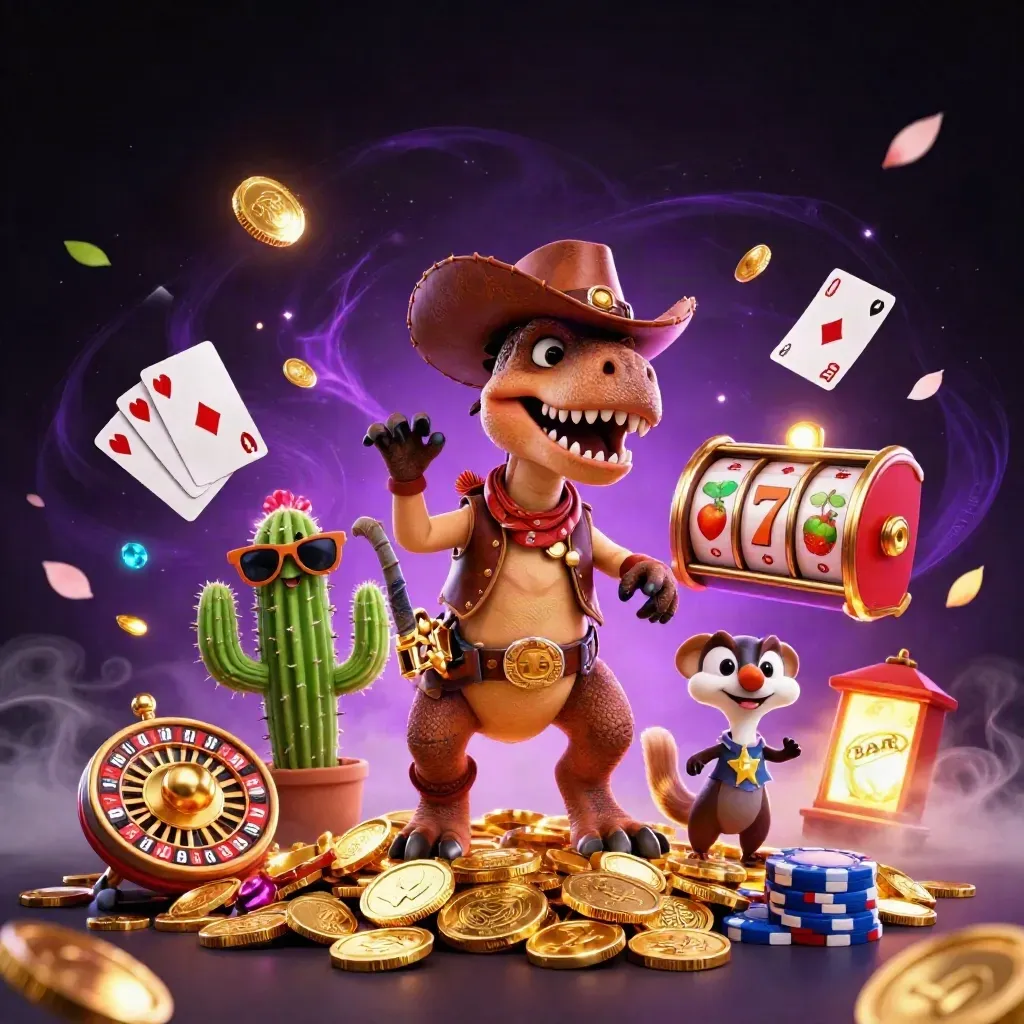 Cowboy T-Rex, cactus sidekick, and sheriff roadrunner amid jackpots, coins, reels, and neon casino glow.