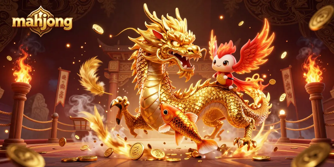 Engage in thrilling mahjong gameplay surrounded by a majestic dragon, phoenix, and koi fish amidst golden coins.