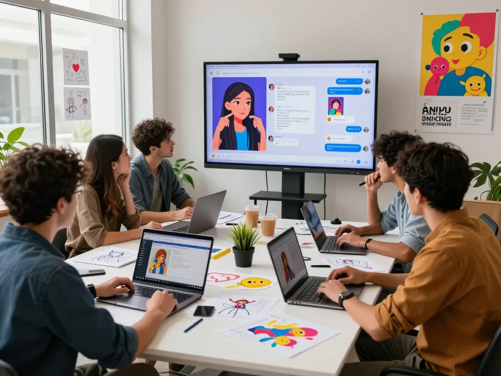 Creative workspace featuring 18+ ai content creation with diverse team collaborating on digital designs and projections.