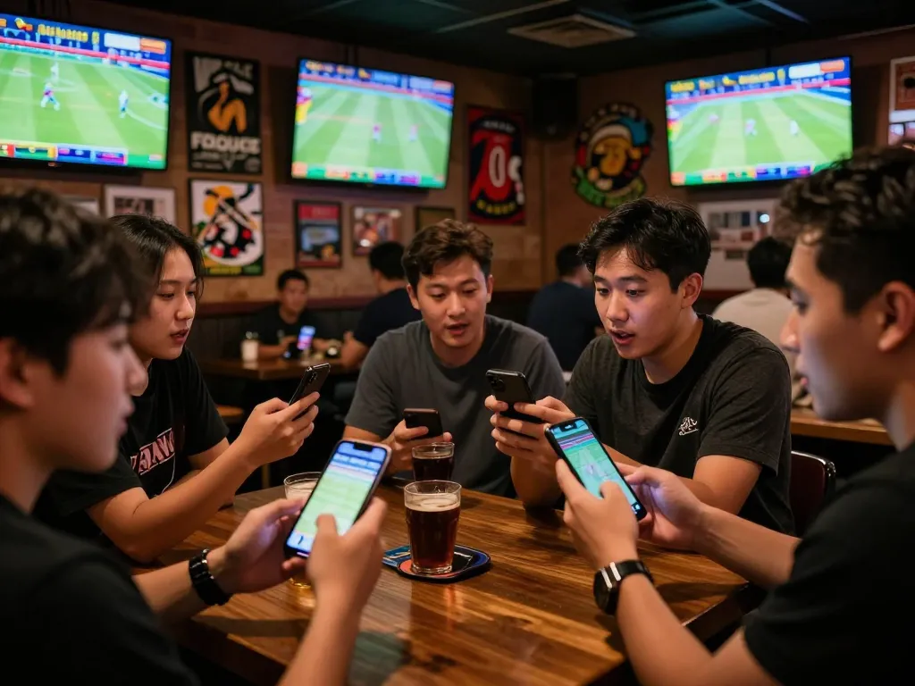 Excited patrons engaging in sports betting with kèo nhà cái displayed on screens in a lively sports bar.