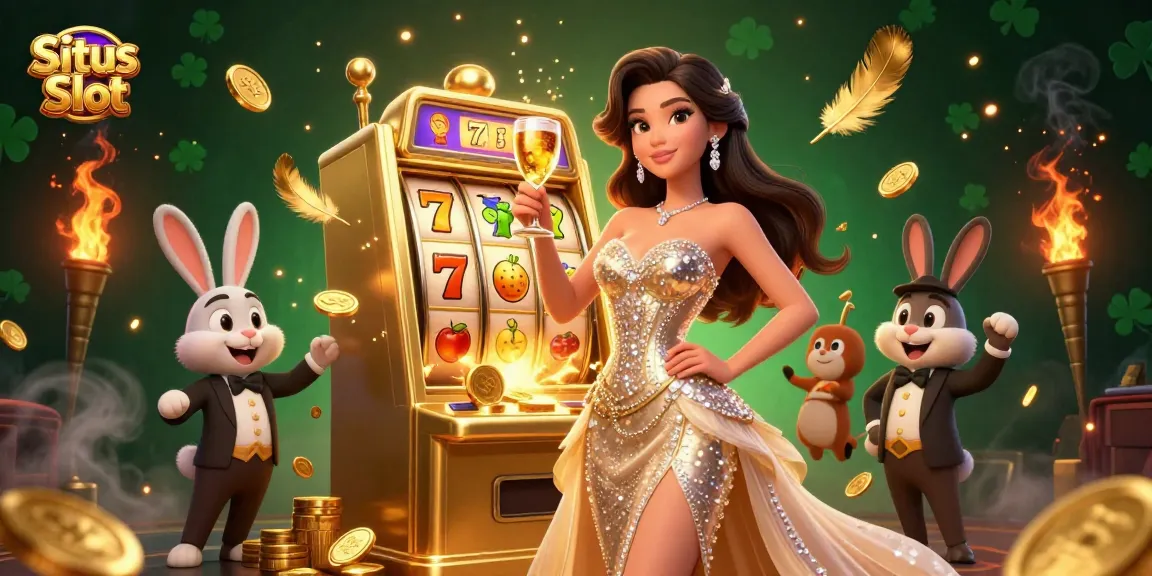 Experience winning at Situs Slot with a glamorous woman, jackpot machine, and fun casino elements.