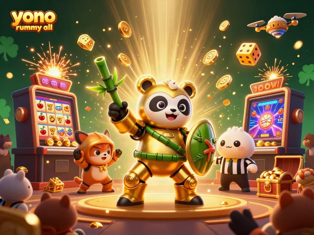 Gambar ilustrasi 3D Yono Rummy All yang memukau dengan karakter panda emas dan elemen kasino.