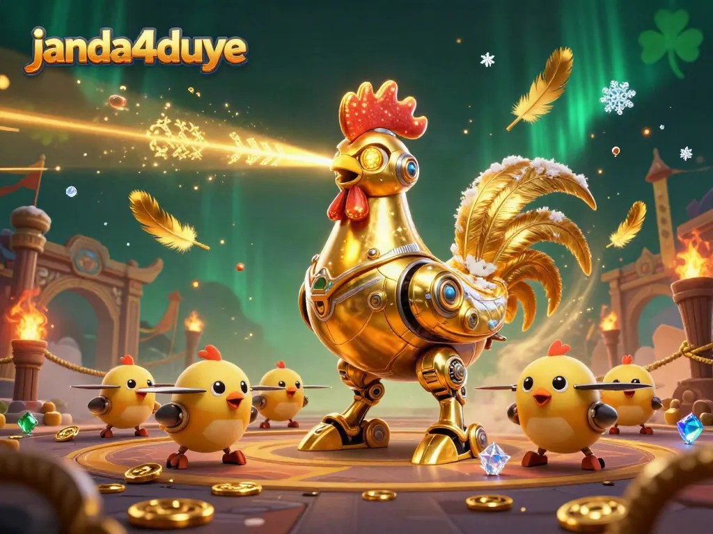 Janda4duye menampilkan ilustrasi kasino yang penuh warna dengan karakter robot ayam dan drone, menyuguhkan suasana judi yang meriah.