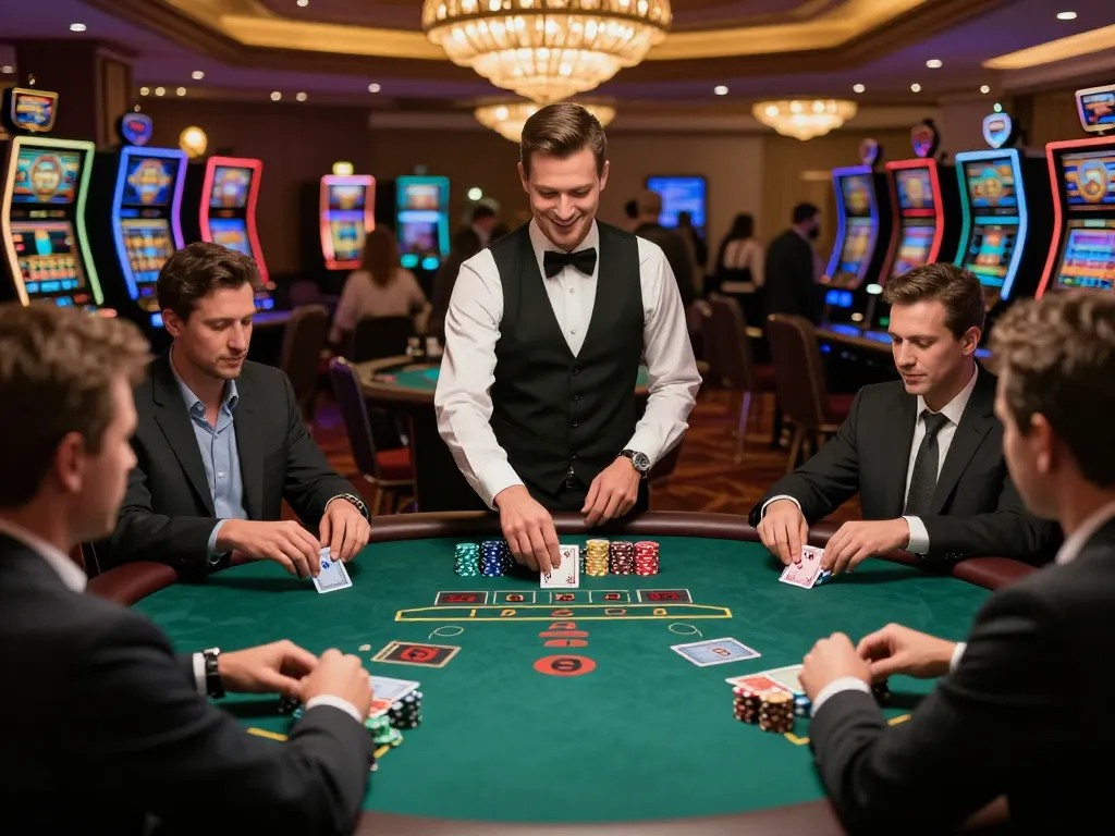 Engaging in an iwin game at a live dealer blackjack table, showcasing players and dealer in an upscale casino atmosphere
