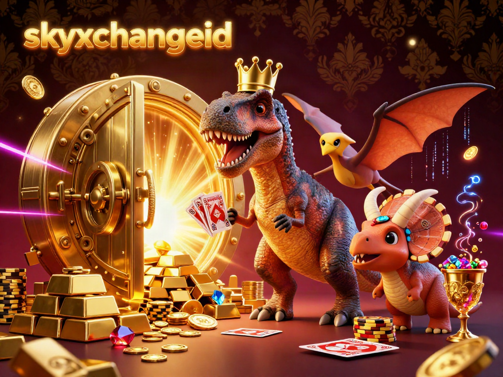 Join the fun with skyxchangeid as the charming T-Rex shuffles cards, helped by a pterodactyl, amidst golden treasures.