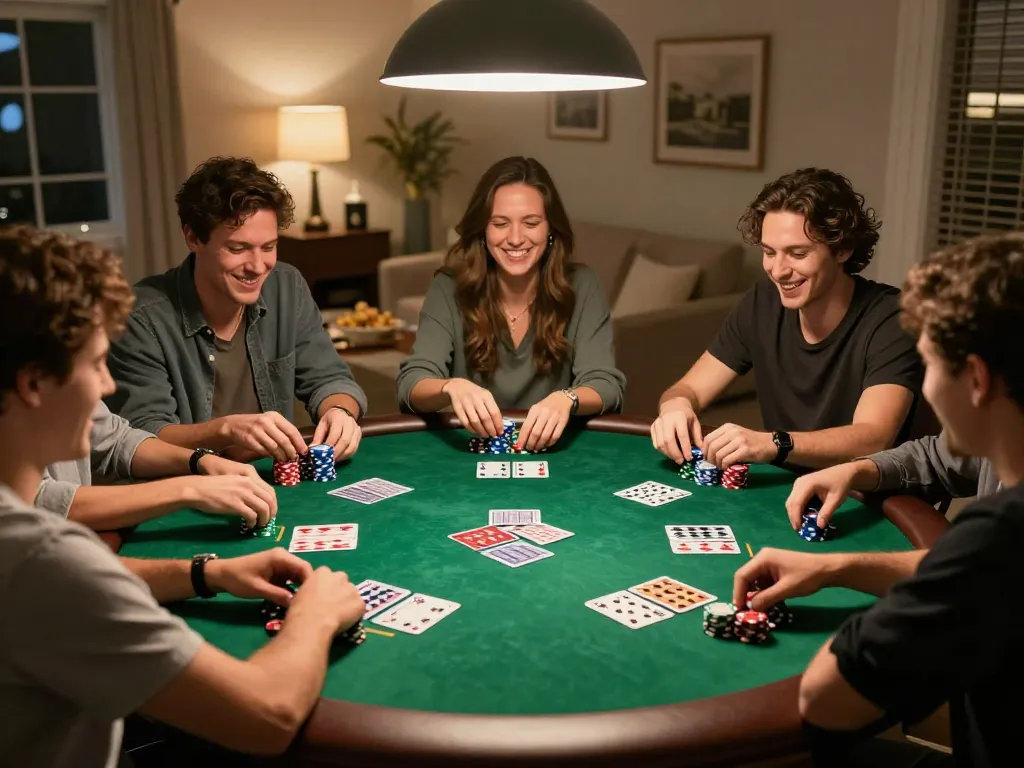 Sunwin players enjoying strategic poker gameplay in a cozy home setting with vibrant chips and excited expressions