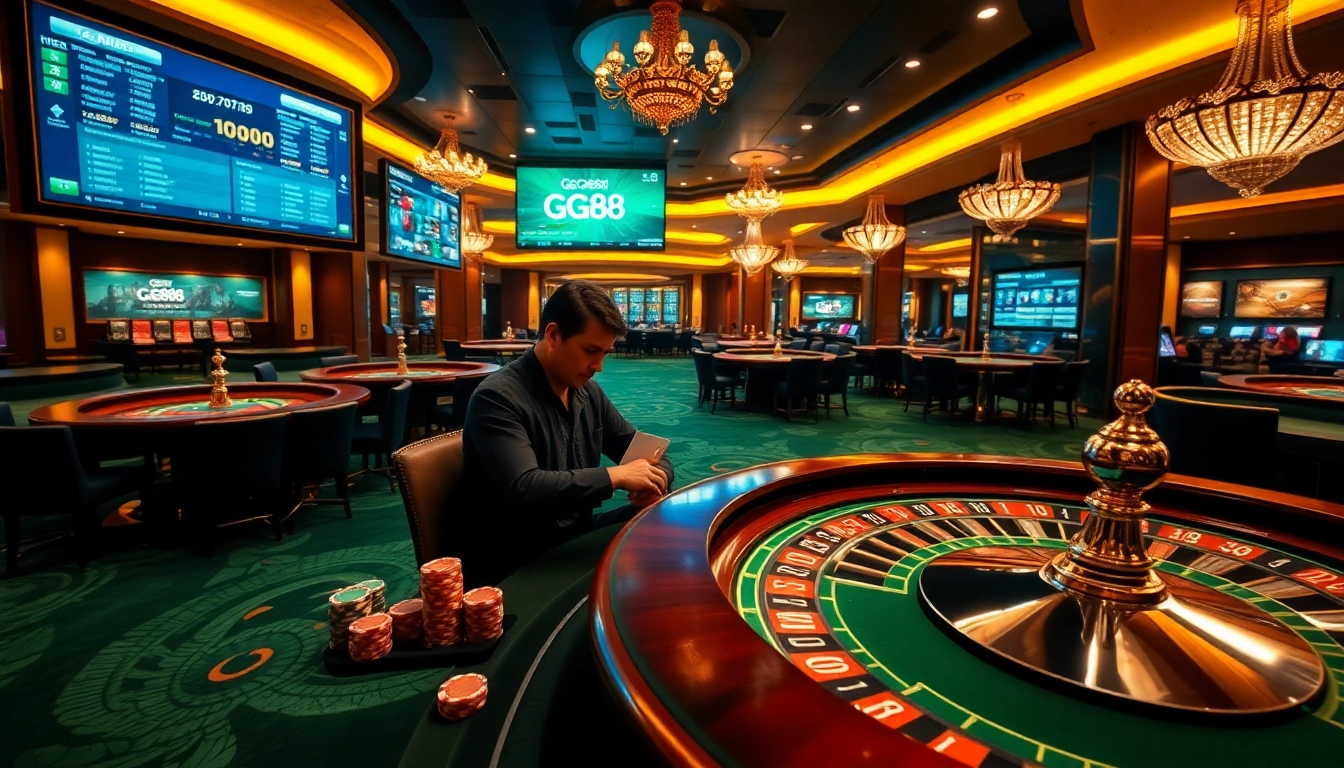 Experience thrilling gameplay at GG88 with an elegant casino setting featuring poker tables and live betting.