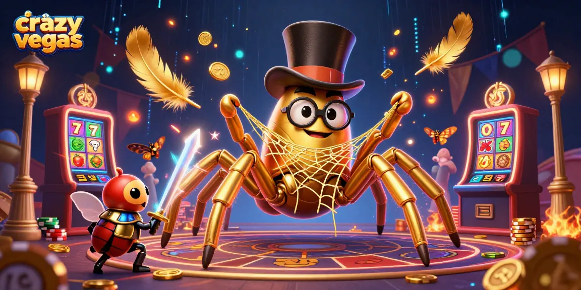 Experience exhilarating thrills at crazyvegas with a golden tarantula and knight in an enchanted casino.