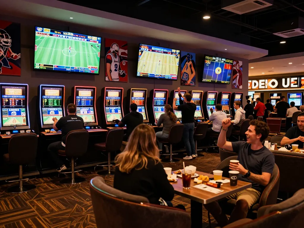 Tỷ lệ kèo nhà cái displayed on large screen in a busy sports betting lounge