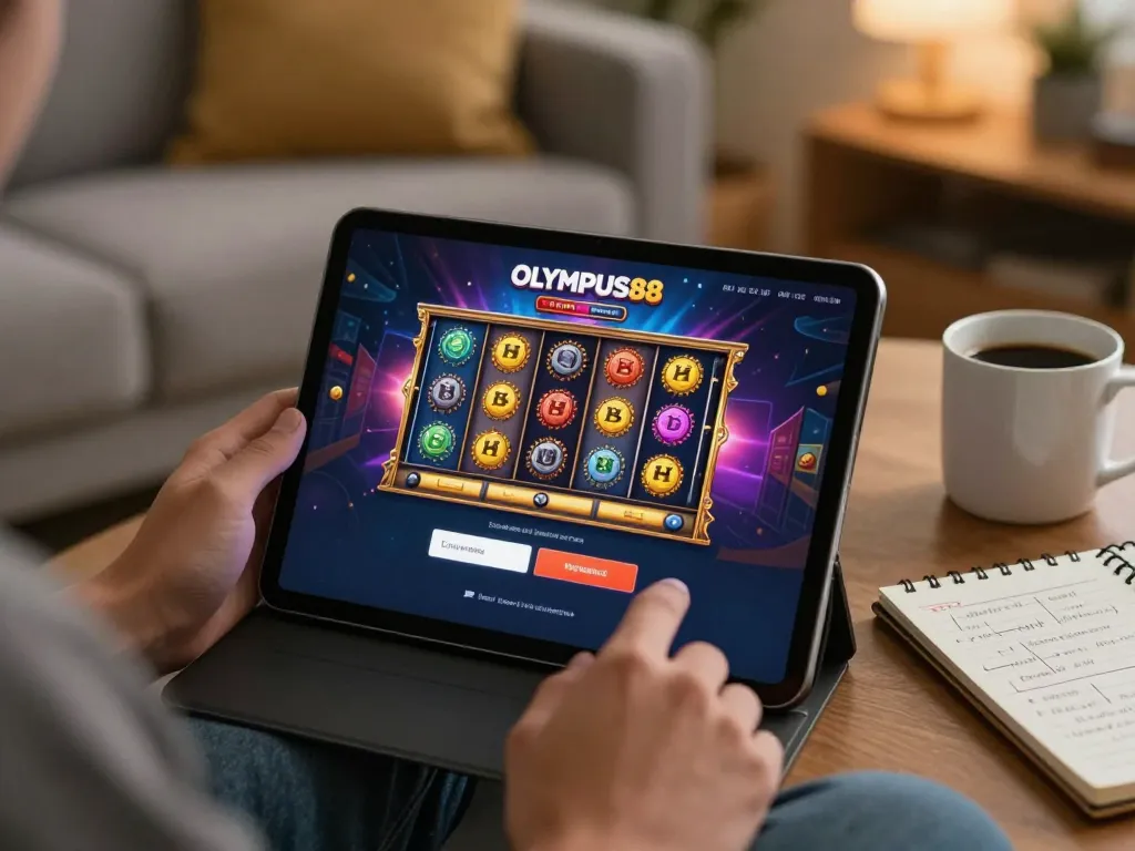 Engaging in OLYMPUS88 login for exciting slot gameplay on a tablet in a cozy home