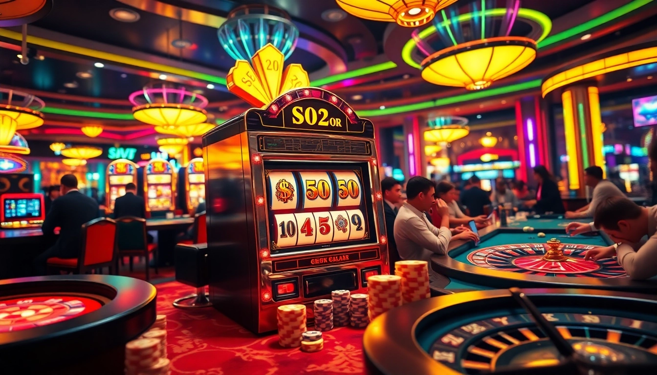 Players enjoying slot gacor games in a luxurious casino setting with vibrant lights and excitement.
