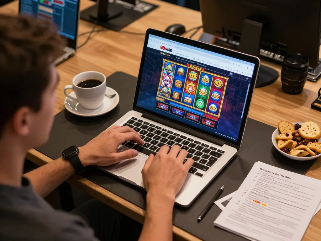 Player exploring thrilling games on 98win com while enjoying snacks and coffee.