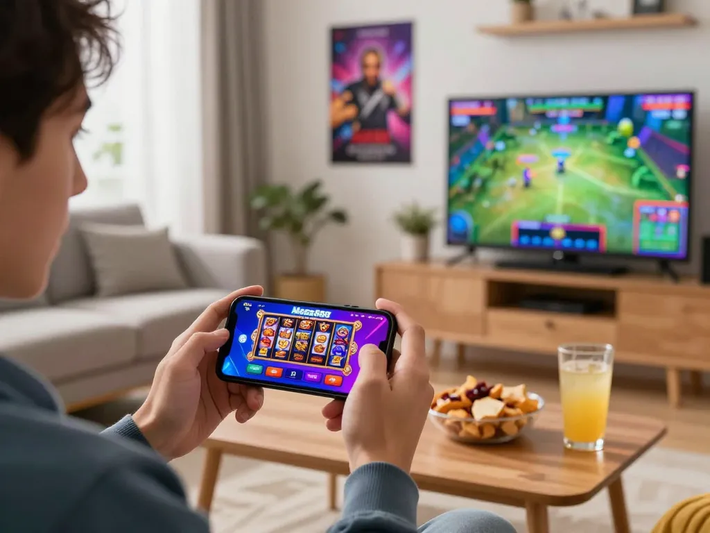 Exciting gaming scene featuring player using the Mega888 app to claim free credit mega888 in a cozy living room environment.