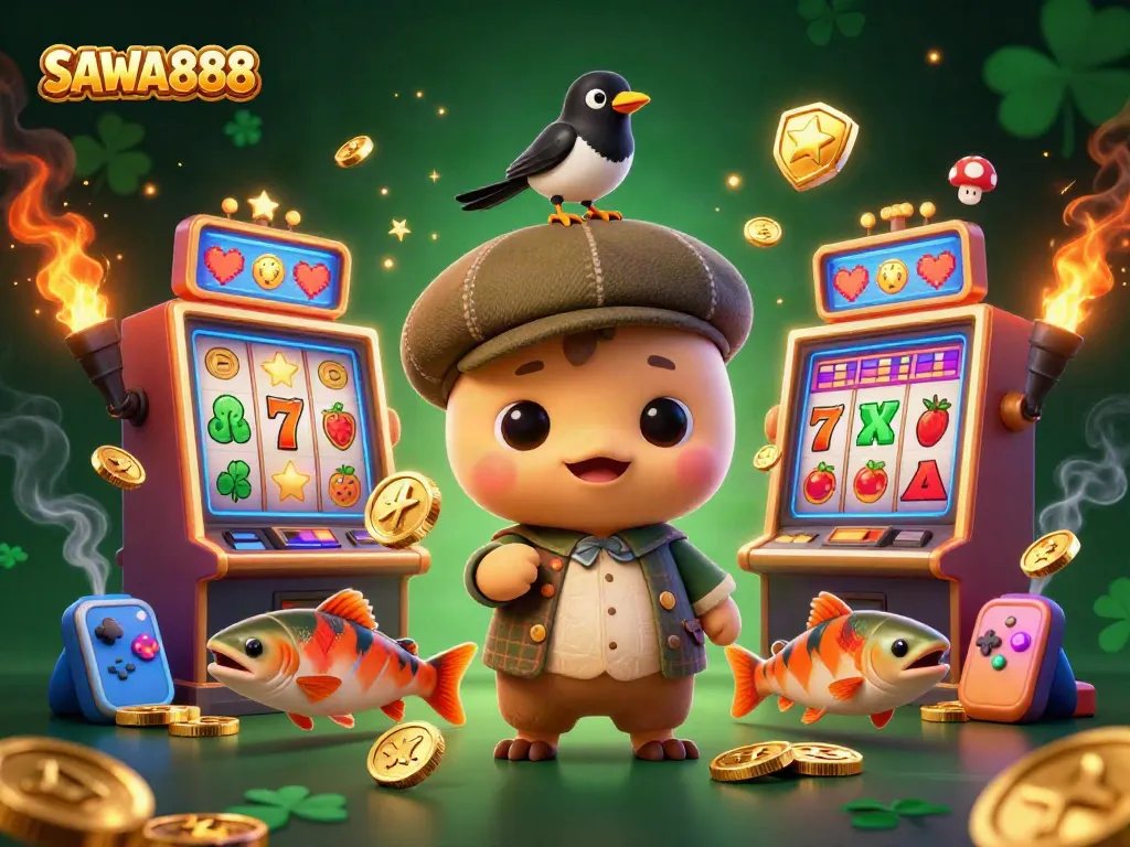 Experience excitement at SAWA888 with a playful Nessie surrounded by vibrant casino slot machines.
