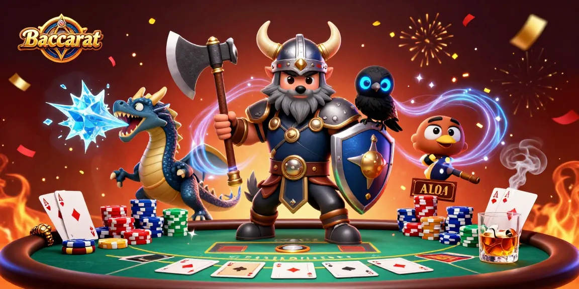 Baccarat table scene with Viking warrior, dragon, and raven celebrating with colorful poker chips and cards.