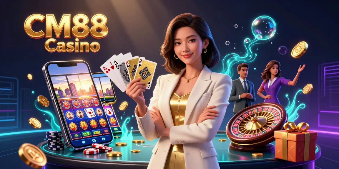 Win exciting rewards at CM88 Casino with our glamorous promotional scene showcasing elite gaming elements.