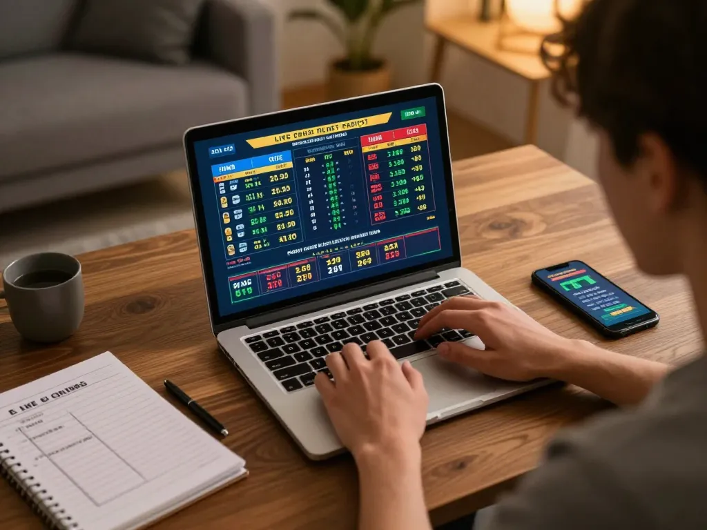 hm88 player placing bets online in a cozy home office with laptop and sports statistics displayed.