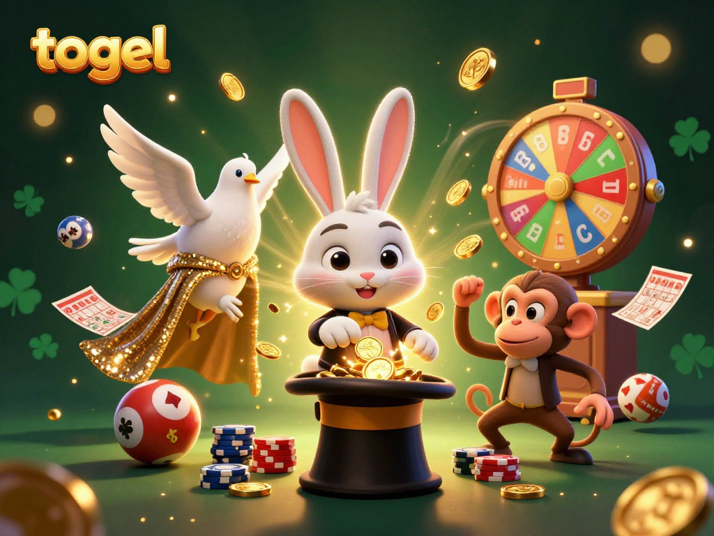Engage in togel with a 3D cartoon magician rabbit pulling golden coins, surrounded by bingo cards and colorful prize wheels.