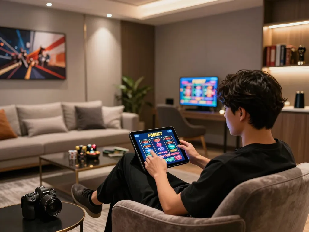 Player enjoying F88BET's online casino games on tablet in a cozy home setting