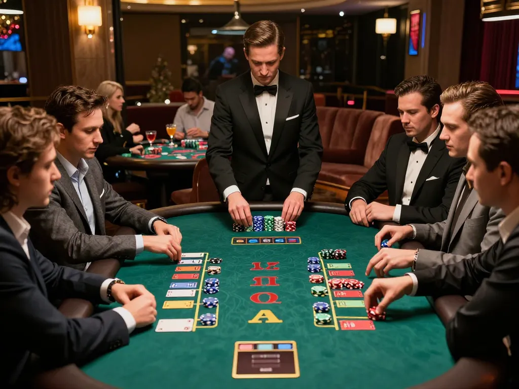 Players engaging in strategic bets at a 789win com blackjack table in a luxurious casino environment