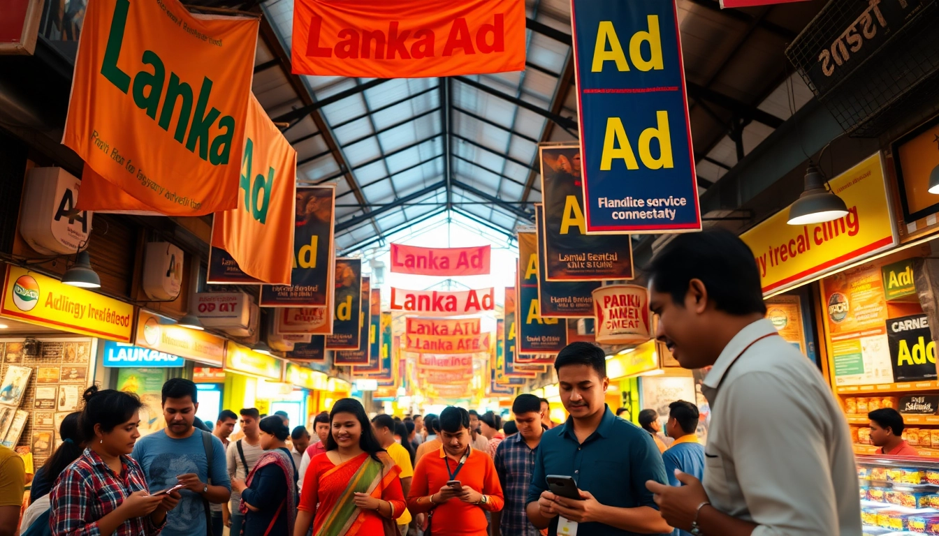 Lanka Ad vibrant marketplace scene in Sri Lanka with colorful banners and locals engaging in advertising activities.