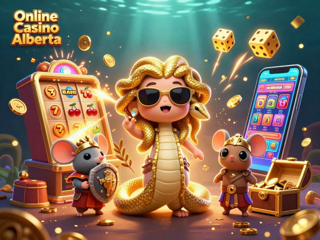Engage with Online Casino Alberta's vibrant scene featuring Medusa and a warrior mouse among jackpots and games.