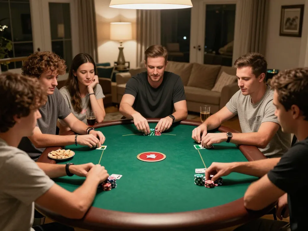 Engaged friends enjoying a poker game, applying soi keo nha cai strategies in a cozy home setting.