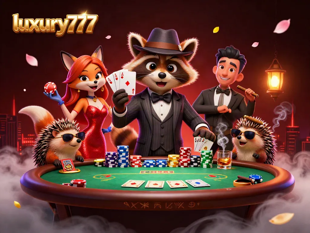 Experience excitement with luxury777 poker scene featuring a raccoon, fox, and hedgehog.