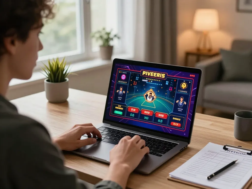 Engaging in strategic gameplay on mm88.blog with an online casino setup in a cozy home office.