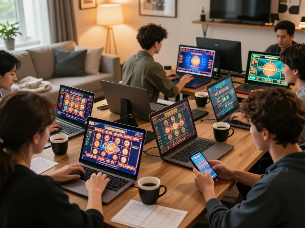 Players enjoying 8xbet online casino games on various devices, showcasing vibrant gaming experience and strategy.