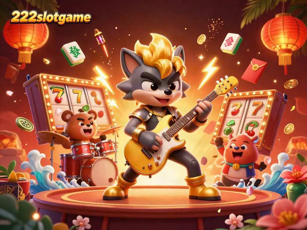 Gambarlah 222slotgame di kasino dengan karakter wolf rockstar dan beruang drum yang memukau.