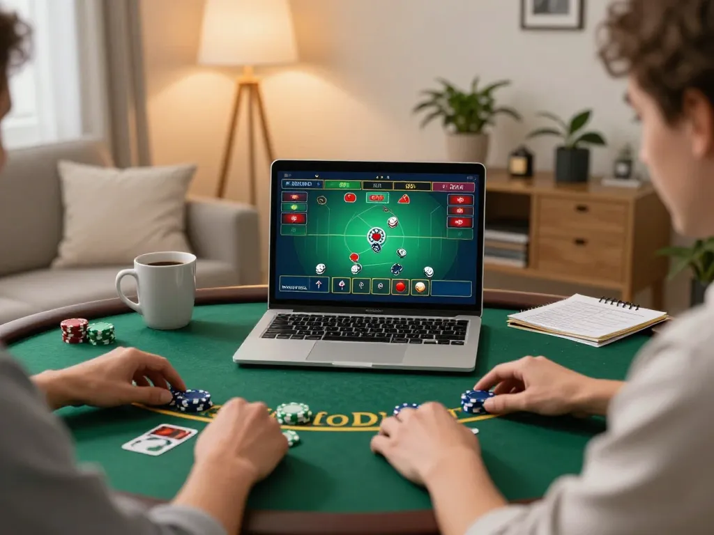 Person engaged in online blackjack game on laptop, showcasing strategic play with z16 gambling setup atmosphere