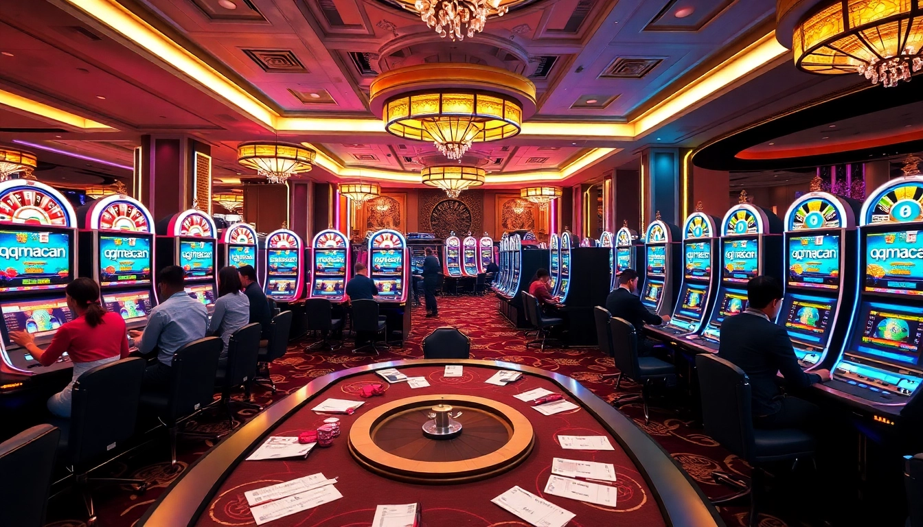 Players enjoying thrilling moments at the qqmacan slot machines in a luxurious casino setting.