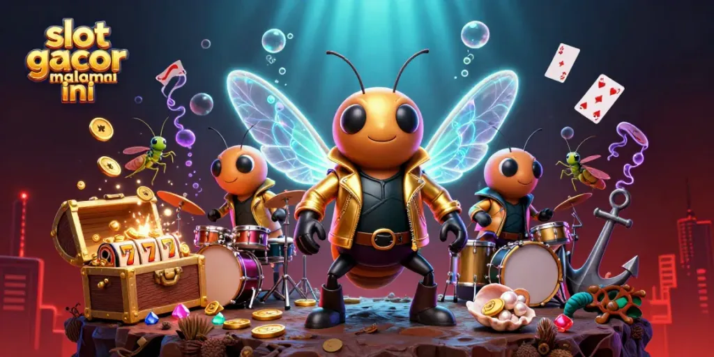 Menangkan slot gacor malam ini dengan tampilan ceria cicada rock star dan elemen slot berkilau.